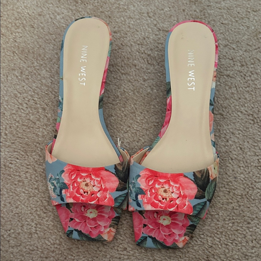 Nine West Blue Floral Open-Toe Slip-On Mules